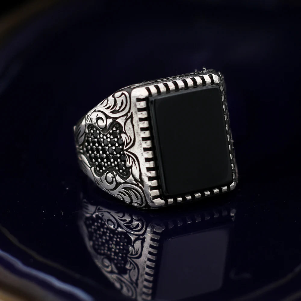 Pure 925 Sterling Silver Men Ring With Turqoiuse And Onyx Stones