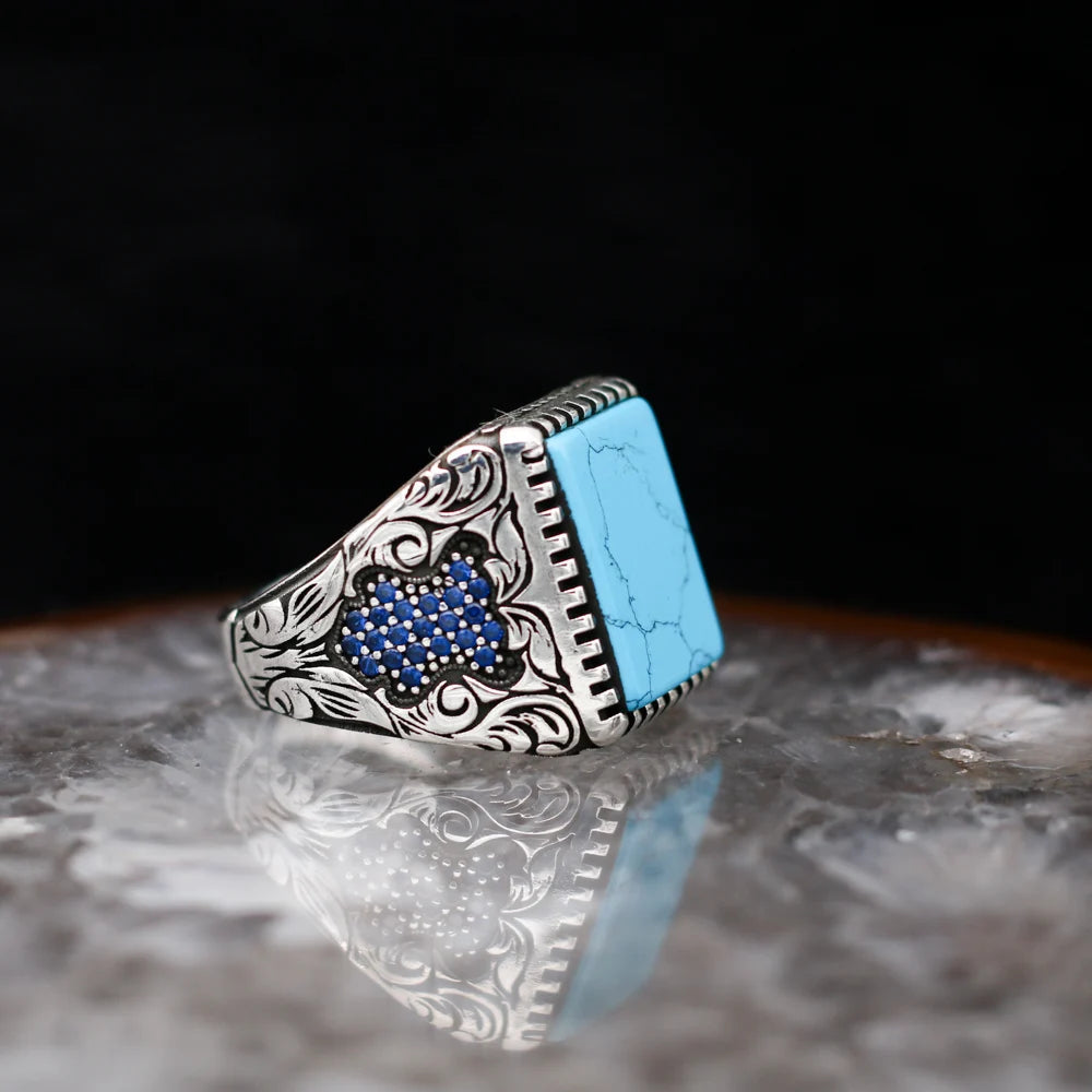 Pure 925 Sterling Silver Men Ring With Turqoiuse And Onyx Stones