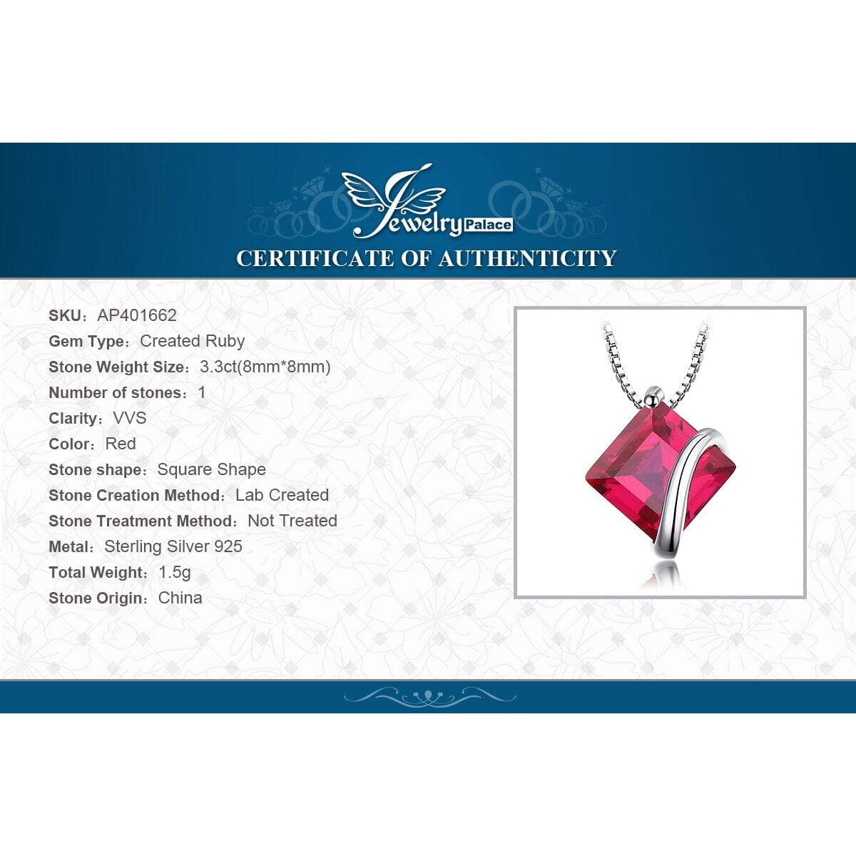 Square Red Ruby 925 Sterling Silver Choker Pendant (Without Chain)Necklace