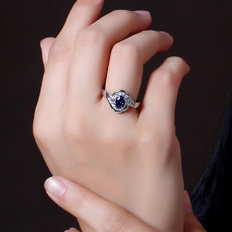 Classic 925 Silver Jewelry Ring Oval Sapphire Gemstones Finger Rings