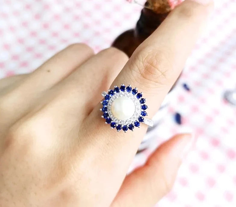 7mm Freshwater Pearl and Sapphire 925 Sterling Silver RingRing