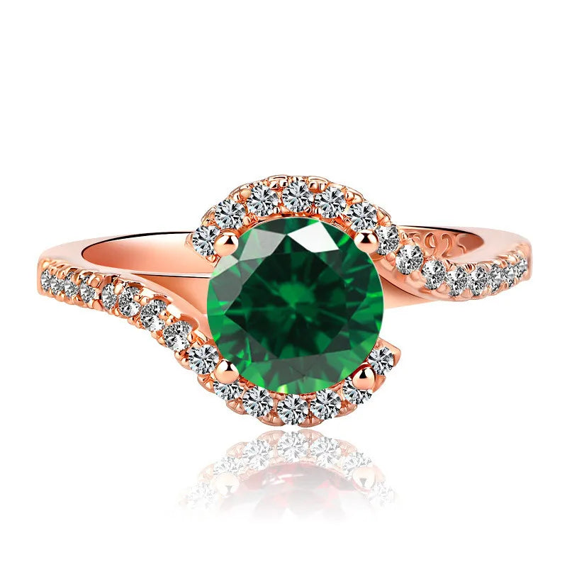 Round Ruby Emerald Gemstone 925 Silver Ring For Women