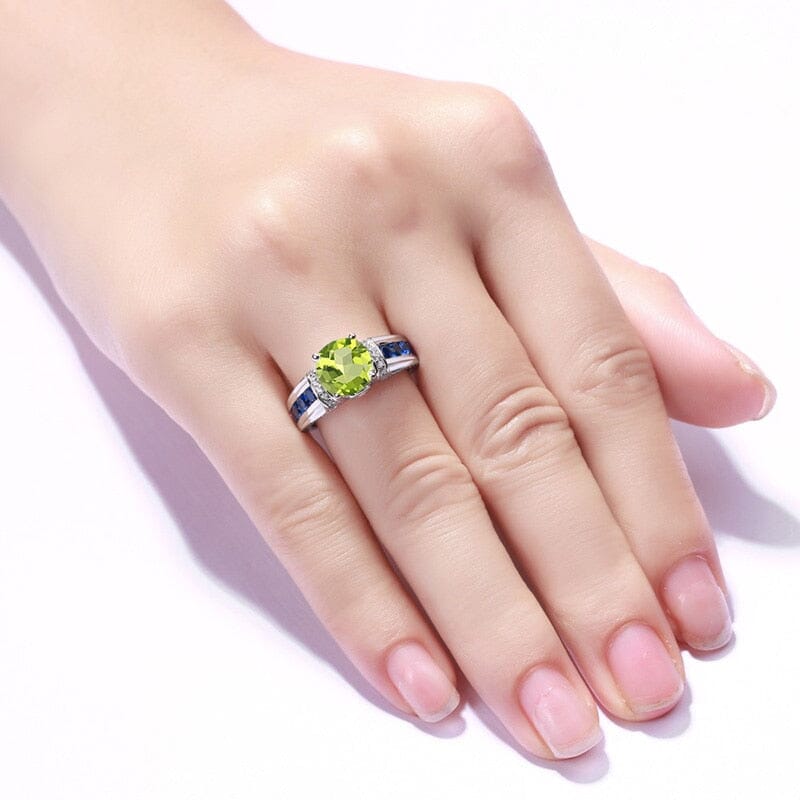 Solitaire Cut Peridot and Sapphire 925 Sterling Silver RingRing