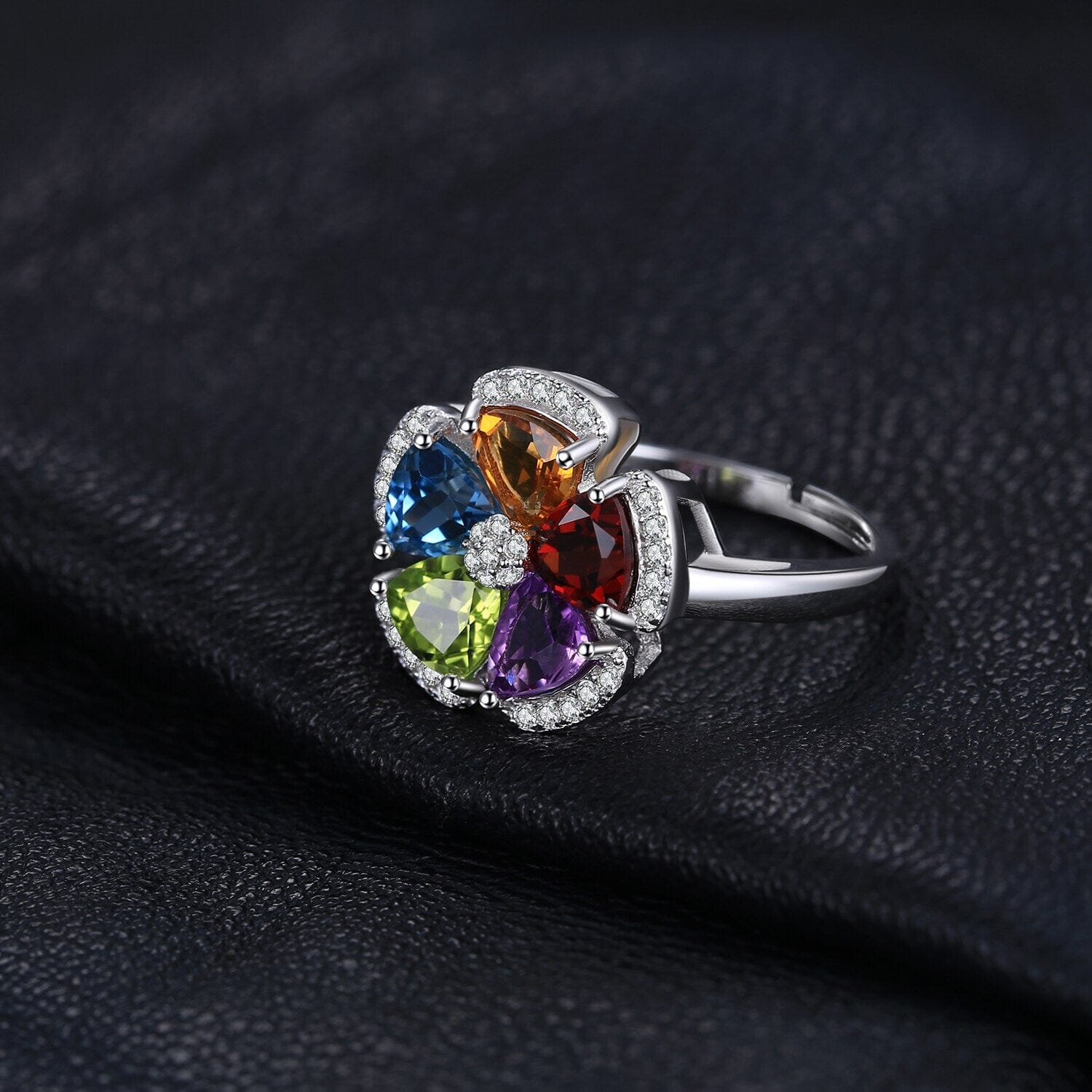 2.6ct Genuine Peridot, Blue Topaz, Amethyst, Citrine & Garnet Adjustable Cocktail 925 Sterling Silver RingRing