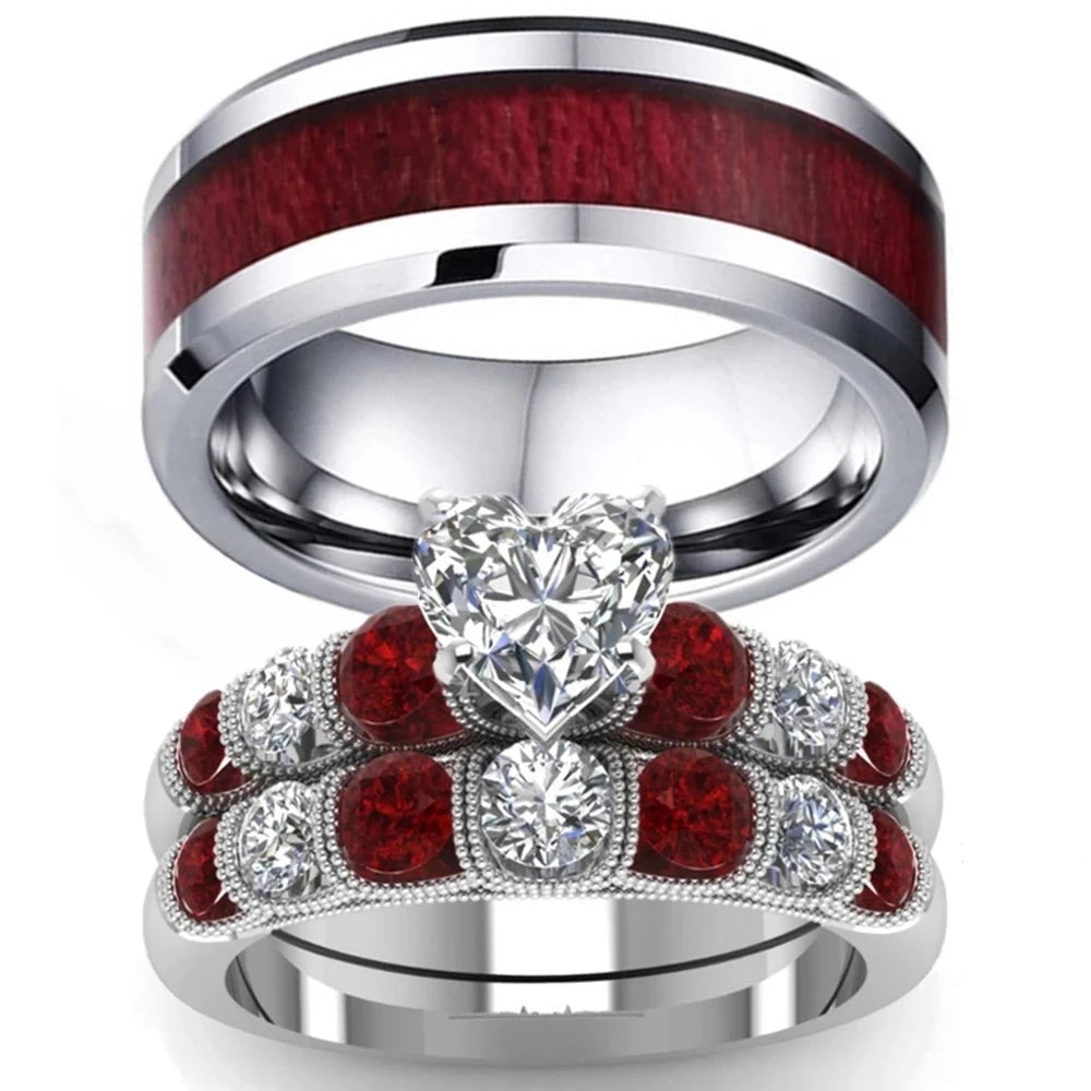 Heart Garnet Ring Men Stainless Steel Wedding Engagement Band