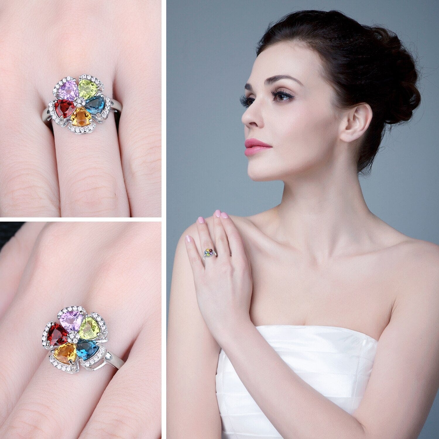 2.6ct Genuine Peridot, Blue Topaz, Amethyst, Citrine & Garnet Adjustable Cocktail 925 Sterling Silver RingRing
