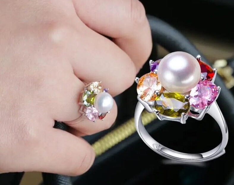 5 Gemstones and a Pearl Resizable Silver RingRing