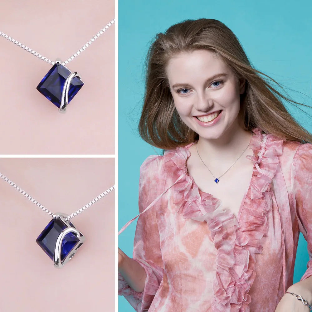 3.3ct Square Created Blue Sapphire 925 Sterling Silver Pendant (only)