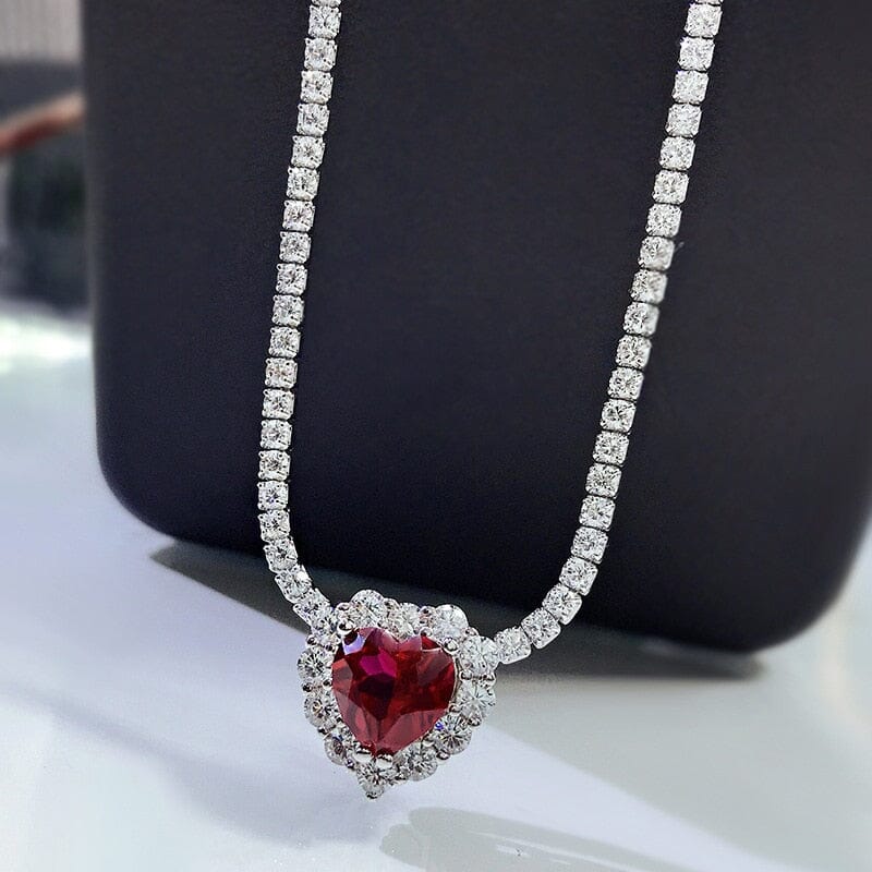 8*8mm Heart Ruby Diamond Pendant 925 Sterling Silver NecklaceNecklace