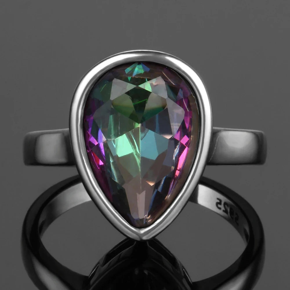 Genuine S925 Silver Jewelry Water Drop Rainbow Fire Mystic Topaz Rings