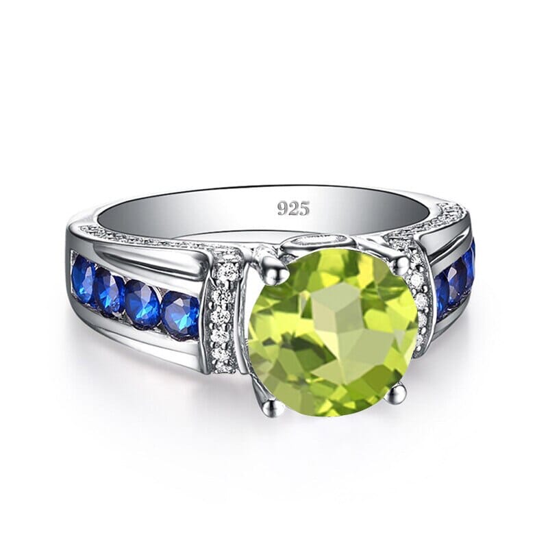 Solitaire Cut Peridot and Sapphire 925 Sterling Silver RingRing