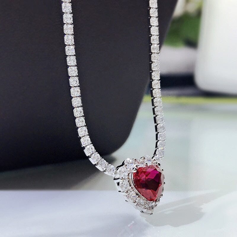 8*8mm Heart Ruby Diamond Pendant 925 Sterling Silver NecklaceNecklace