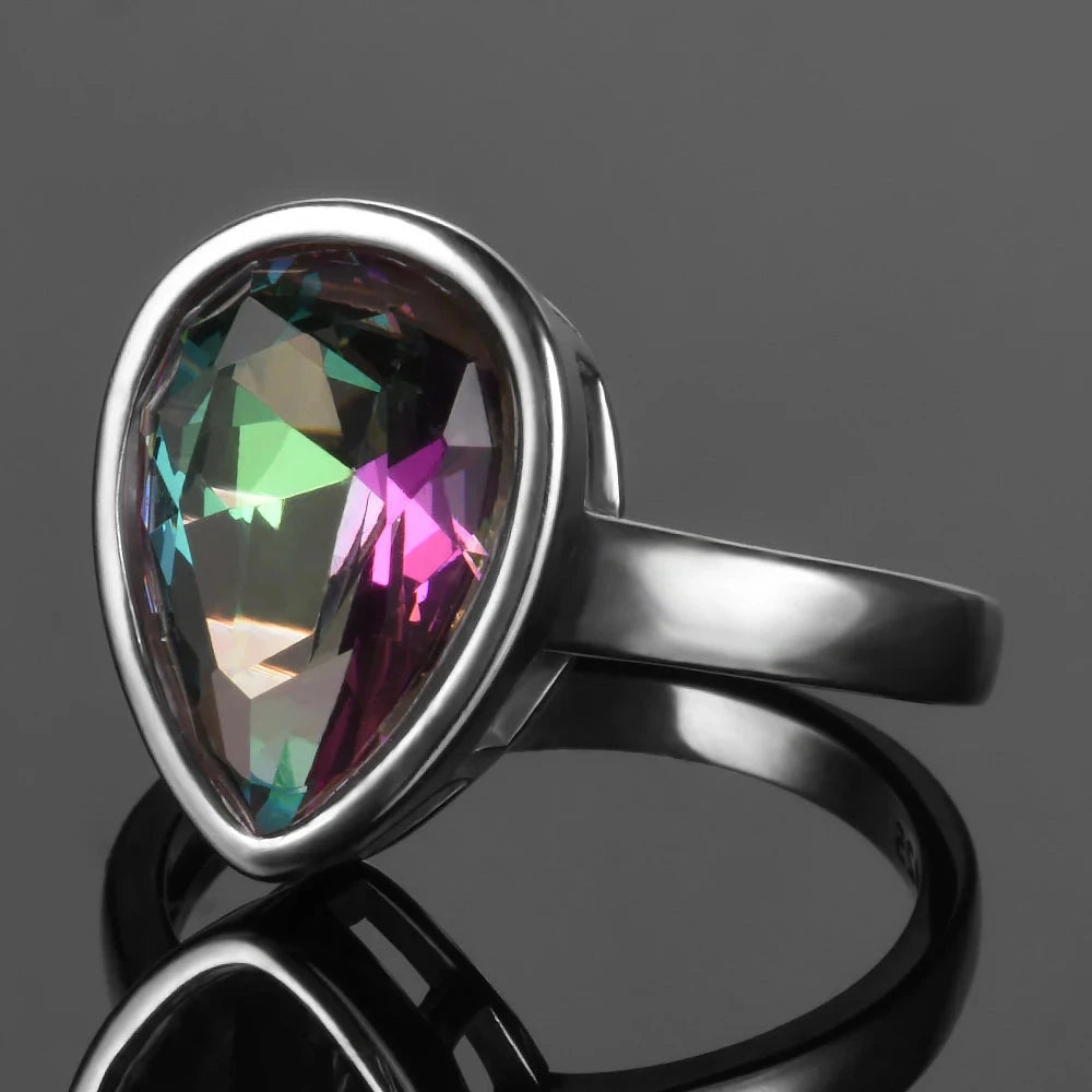 Genuine S925 Silver Jewelry Water Drop Rainbow Fire Mystic Topaz Rings