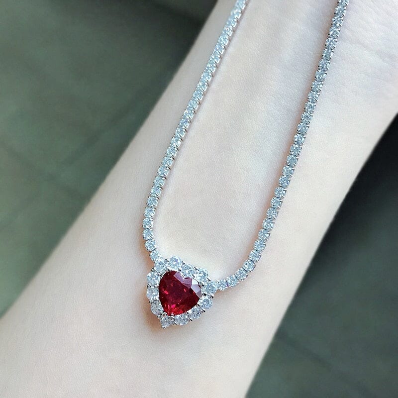 8*8mm Heart Ruby Diamond Pendant 925 Sterling Silver NecklaceNecklace