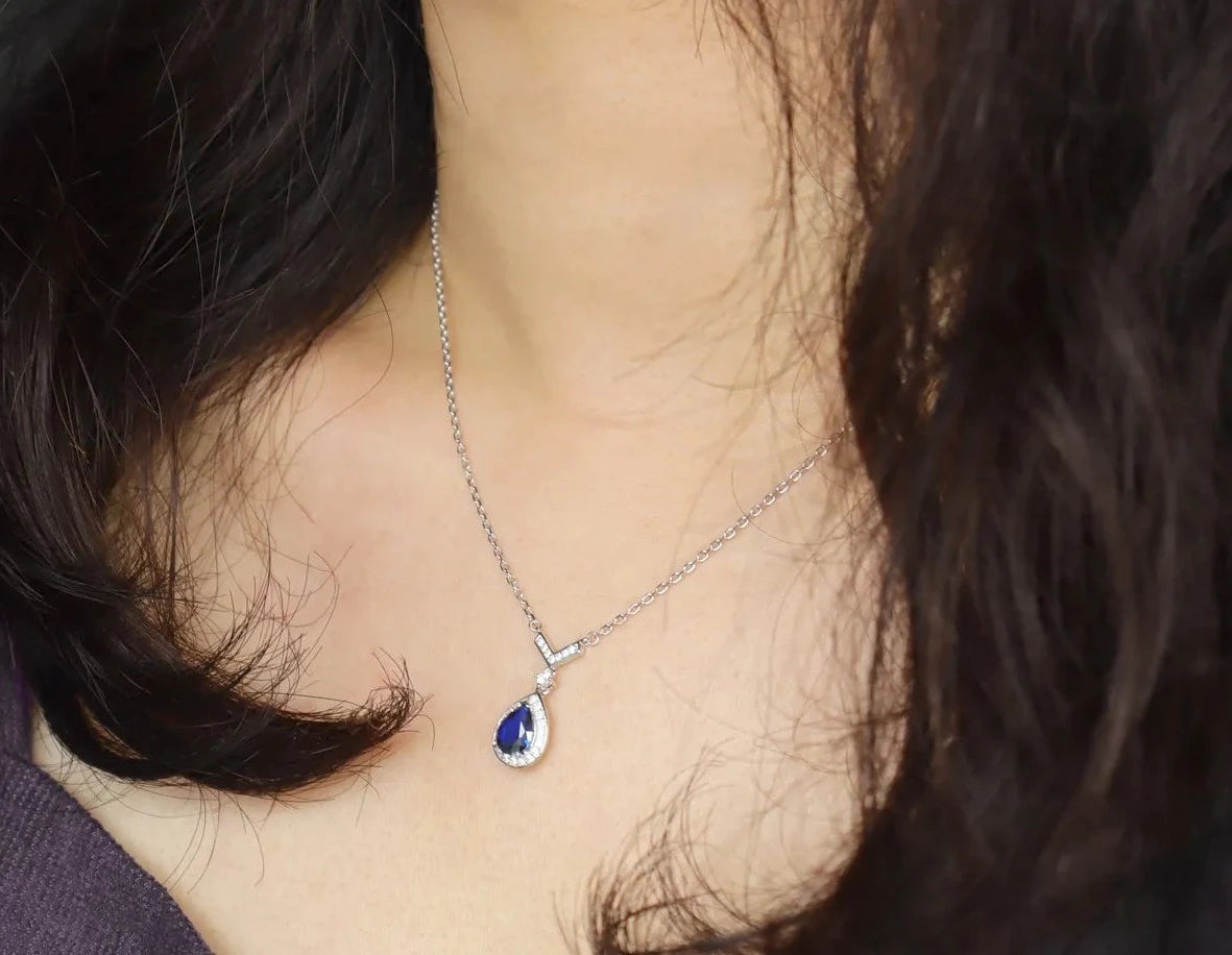 6*8MM Sapphire 925 Sterling Silver Pear Cut Pendant NecklaceNecklace