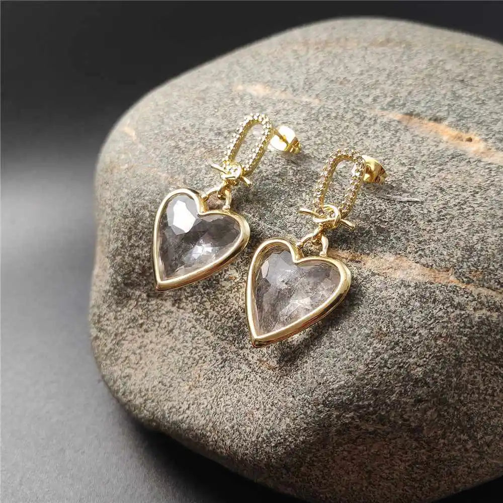 5 Pair Gold Plated Heart-Shaped Crystal Cubic Zircon Clear Quartz Earringsearrings