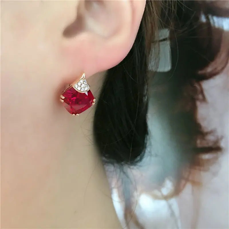 Purple Gold Geometric Square Ruby Earrings