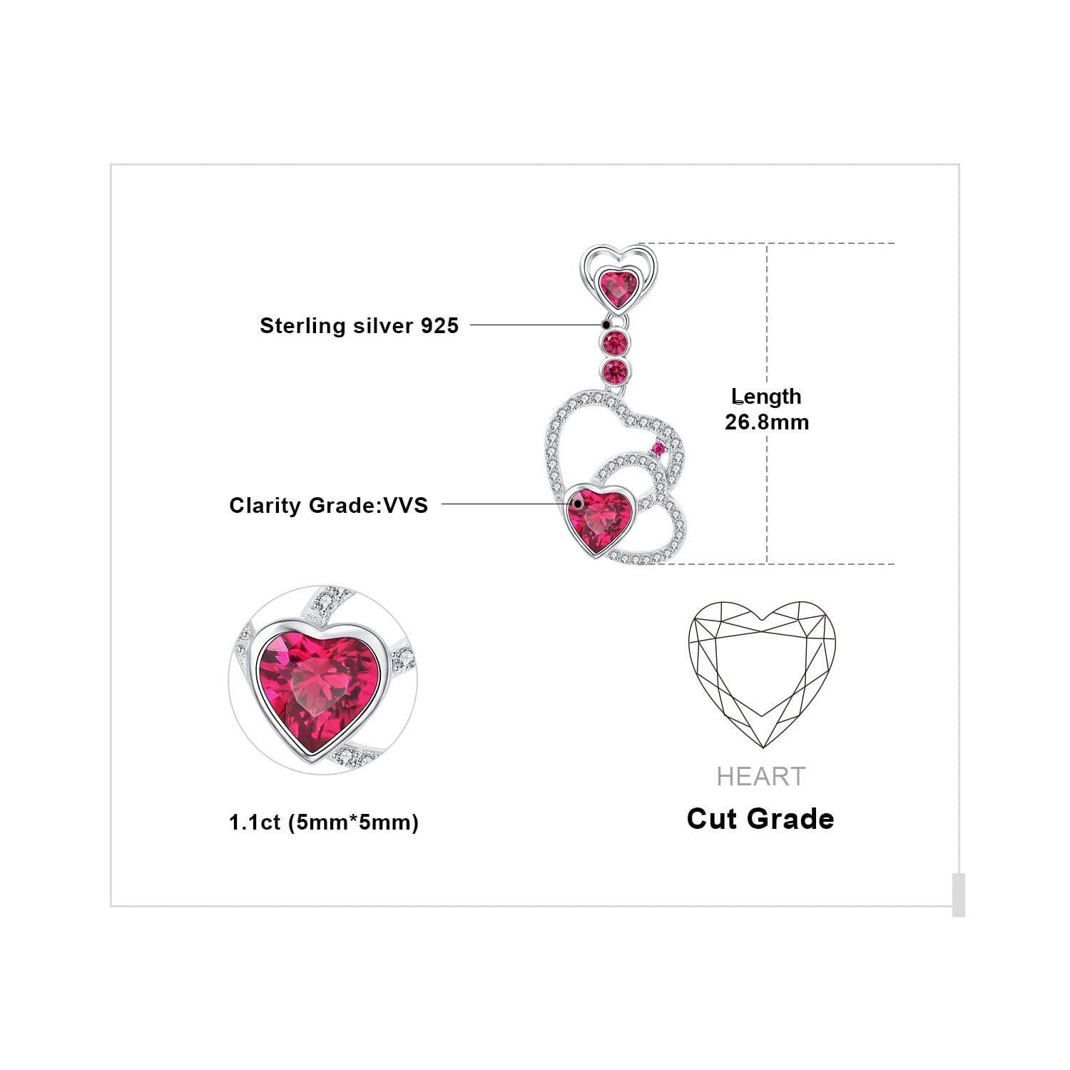 Love Heart Drop Ruby 925 Sterling Silver EarringsEarrings