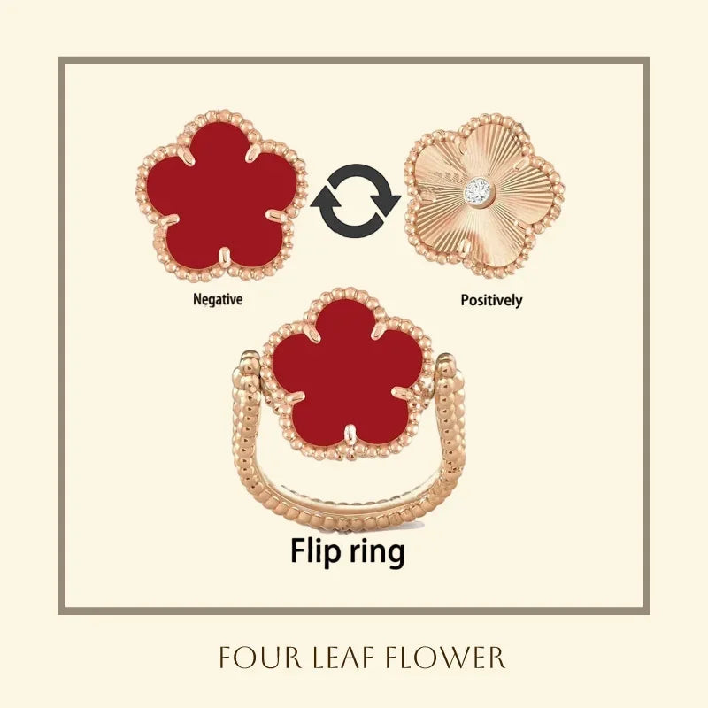Four-leaf Clover Flip Ring Natural Ruby Gemstone6Gem Color Red