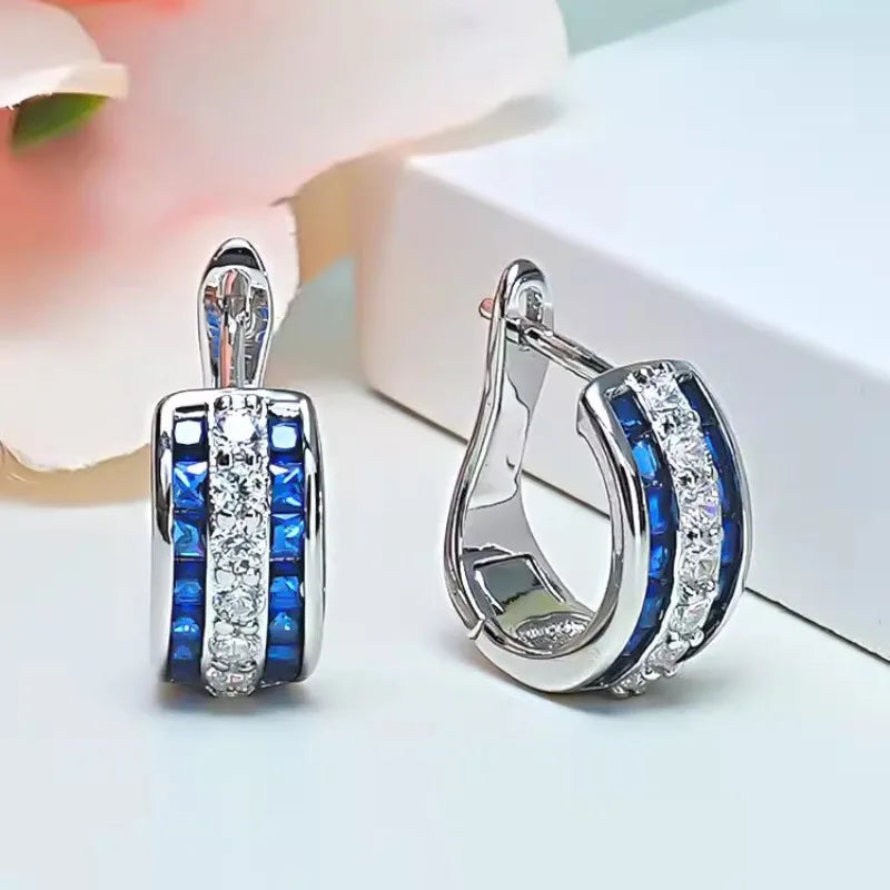 Luxury Ruby Sapphire Diamond Hoop Earring 925 SterlingBlue