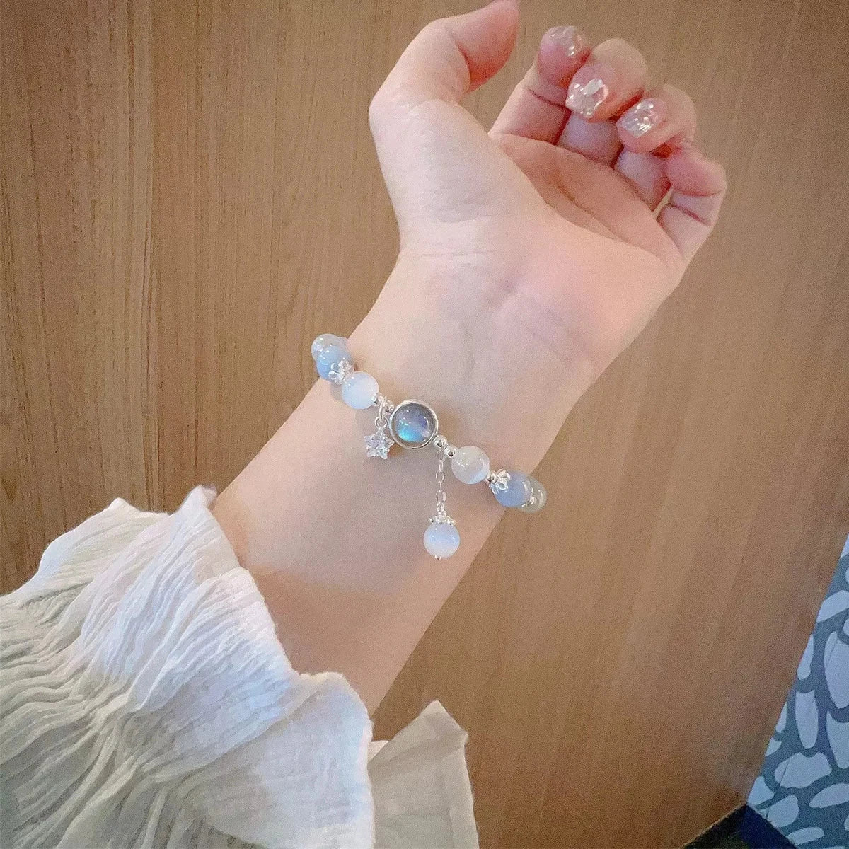 Dreamy Blue Moonstone Cat Eye Pendant Crystal Bead Bracelet