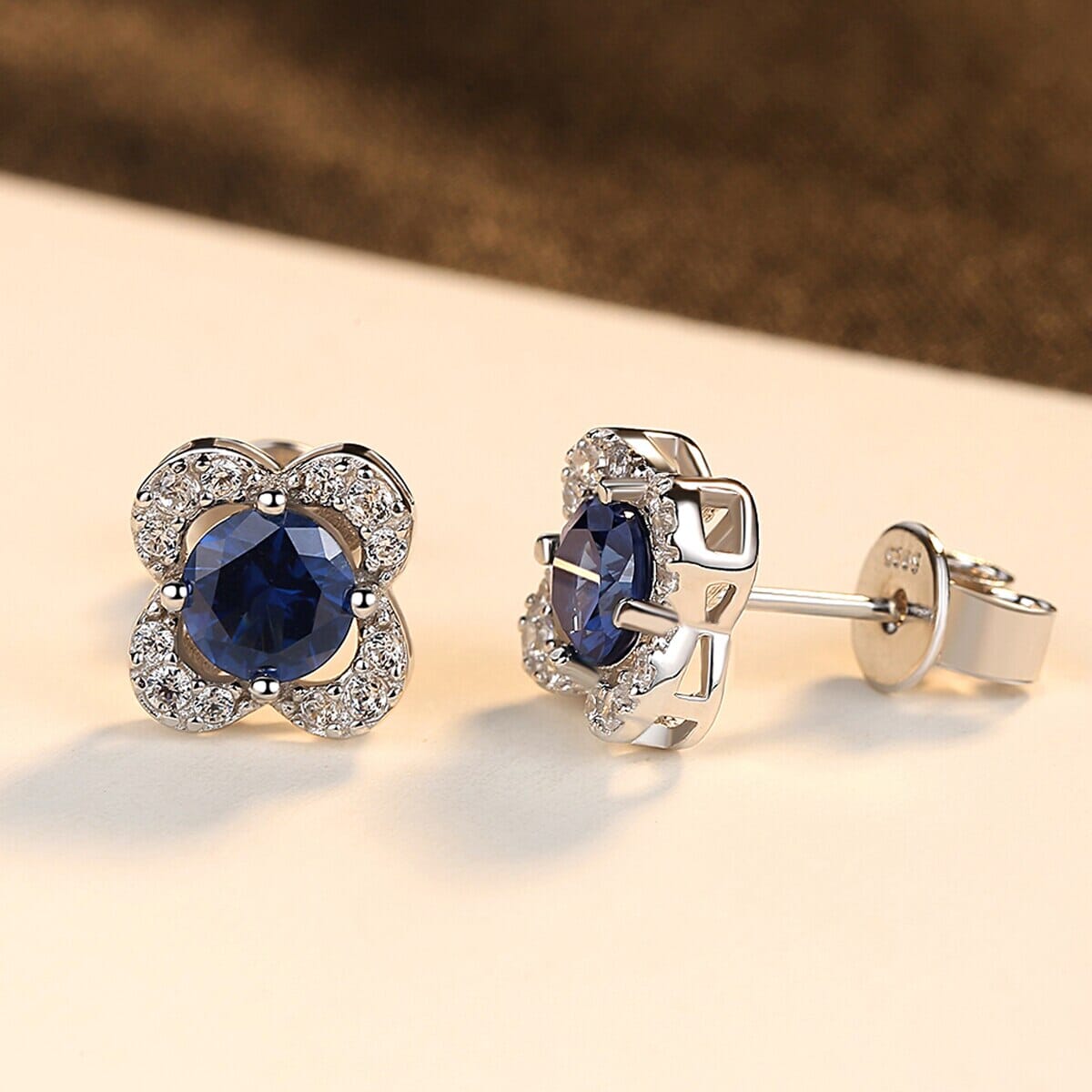 Sapphire Gemstone 925 Sterling Silver Flower Stud EarringsEarrings