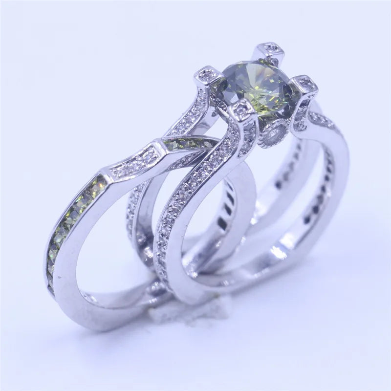 2-in-1 Peridot Diamond Ring Set 925 Sterling Silver