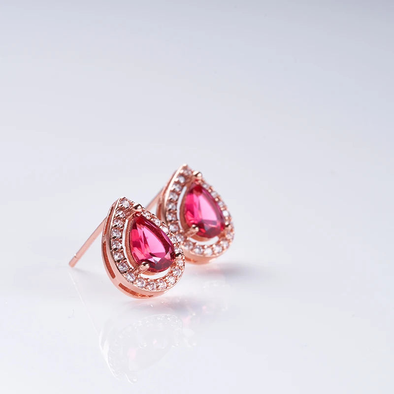 Rose Gold Color Ruby Red Water Drop Stud EarringsEarrings