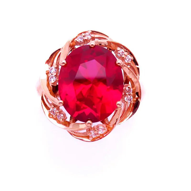 14K Rose Gold Inlaid Flower Ruby Rings For Women Adjustable