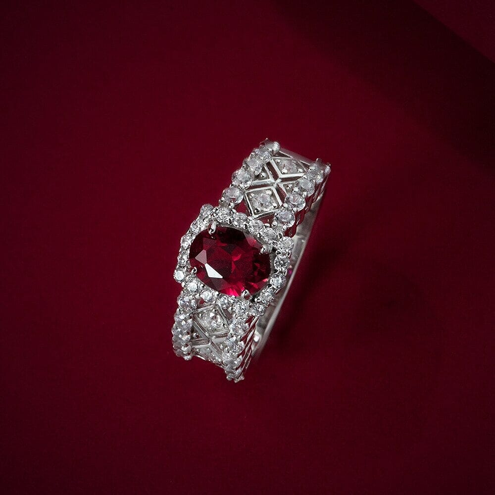 925 Sterling Silver 1.5CT Oval Cut Ruby Diamond RingRing