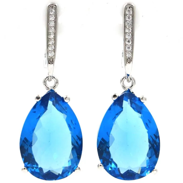 Drop Fire Rainbow Blue Mystic Topaz Sister Silver Pendant EarringsBlue Topaz