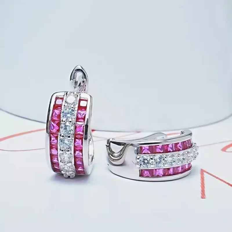 Luxury Ruby Sapphire Diamond Hoop Earring 925 Sterling