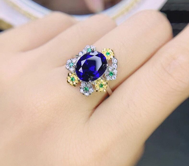 6ct 8mm*10mm Royal Blue Sapphire Ring and Necklace Jewelry SetJewelry Sets