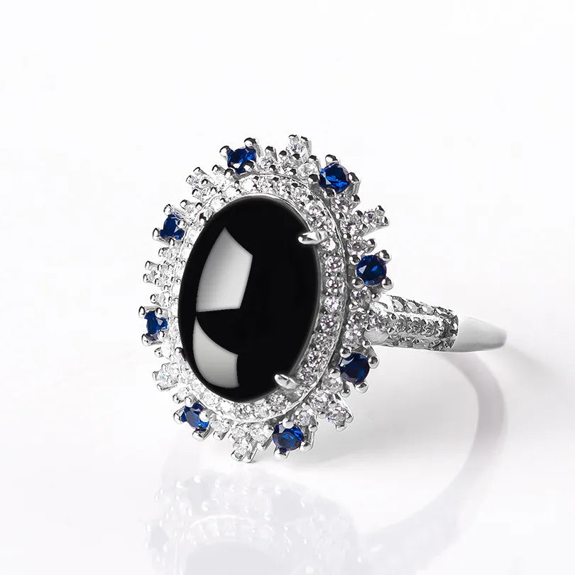 Black Jade Inlaid with Sapphire 925 Sterling Silver Resizable RingRing