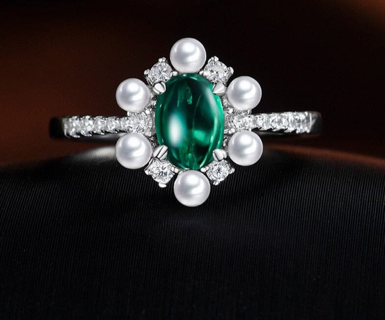 5*7mm 1CT Oval Cut Emerald, Ruby & Sapphire with Pearls Solid 925 Silver RingRing
