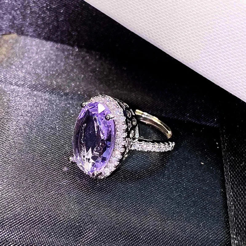 Elegant Big Oval Purple Cubic Zirconia Rings for Women