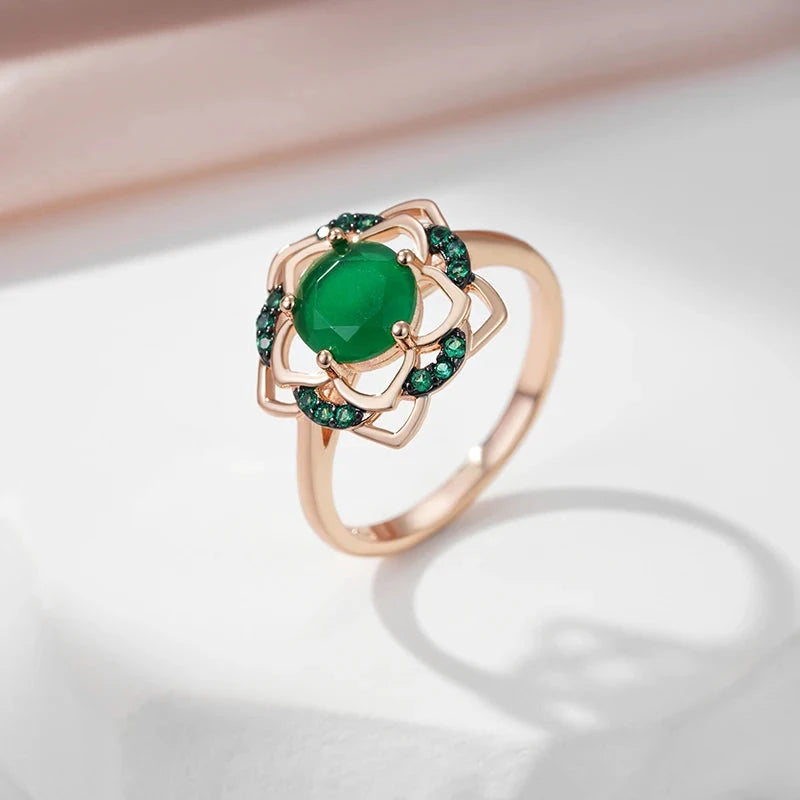 585 Rose Gold Color Green Flower Women's Ring