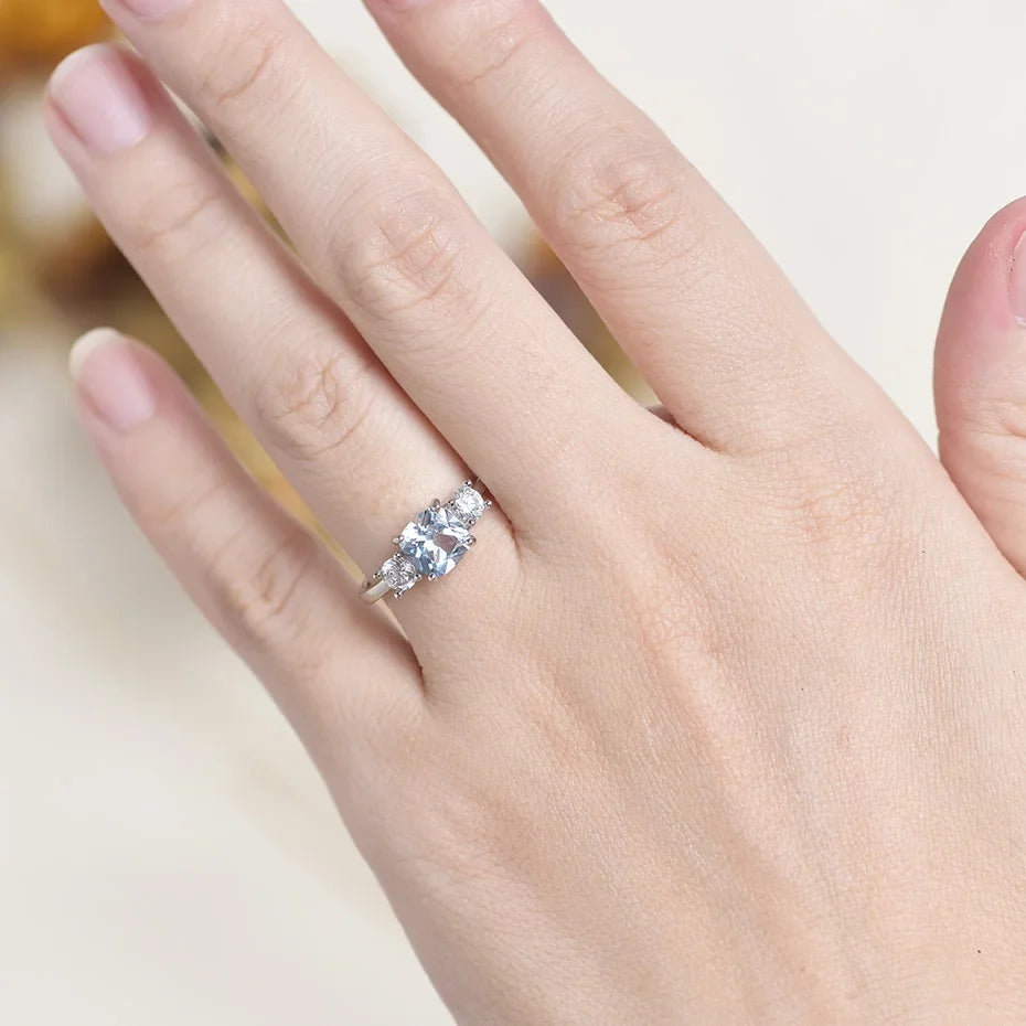 925 Sterling Silver Aquamarine Sapphire Gemstone Women's Ring Girls