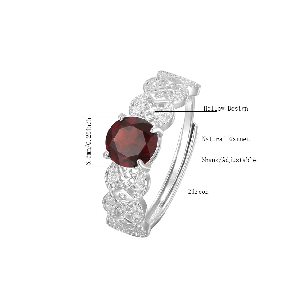 6.5mm Natural Garnet Stone S925 Silver Ring for Women Wedding Bands