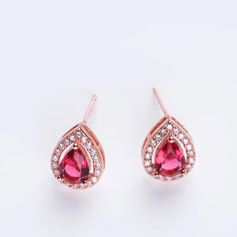 Rose Gold Color Ruby Red Water Drop Stud EarringsEarrings