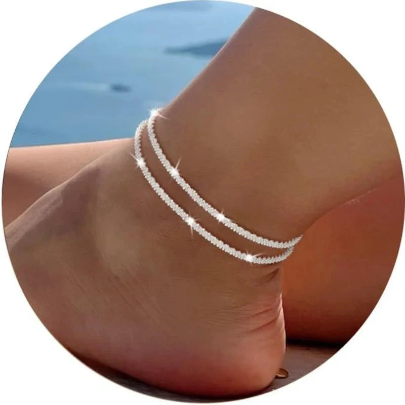 Stainless Steel Layered Glitter Waterproof Anklet Bracelet