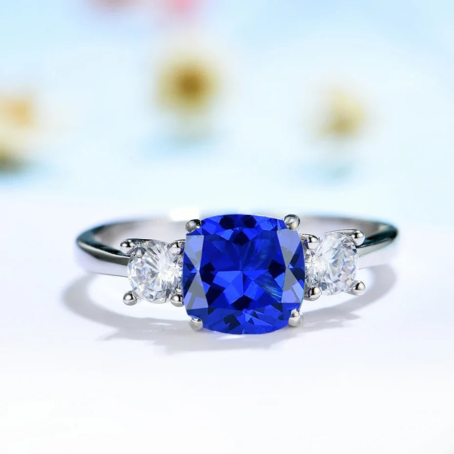 925 Sterling Silver Aquamarine Sapphire Gemstone Women's Ring GirlsBlue Sapphire6