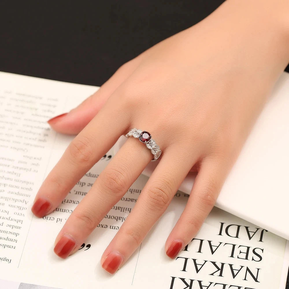 6.5mm Natural Garnet Stone S925 Silver Ring for Women Wedding Bands