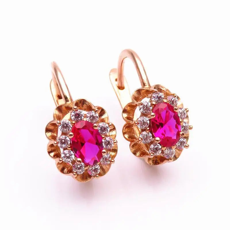 Purple Gold Ruby Flower Earrings
