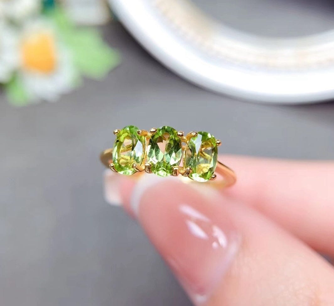 3 Oval Peridot Stones Gold Plated 925 Silver RingRing