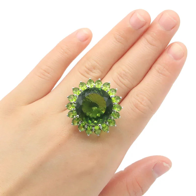 30x30mm Crown Big Gemstone 20mm Green Peridot Women Dating Silver Rings