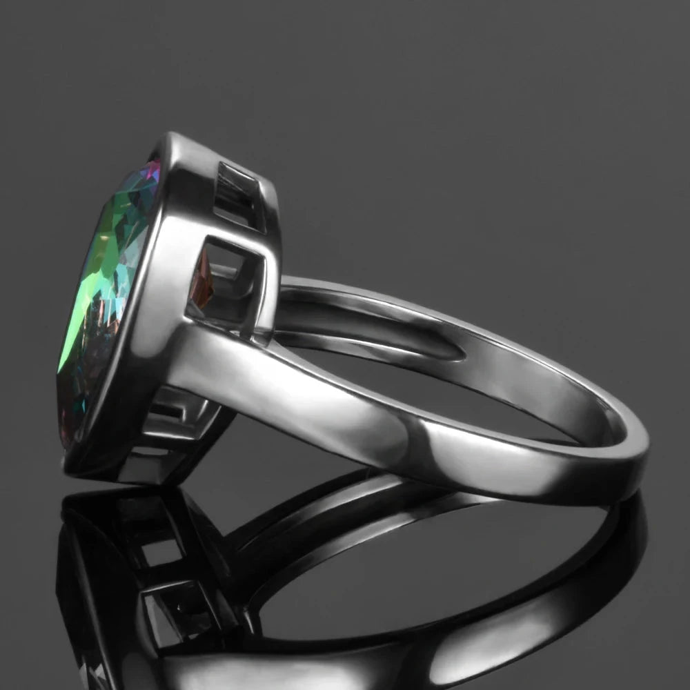 Genuine S925 Silver Jewelry Water Drop Rainbow Fire Mystic Topaz Rings