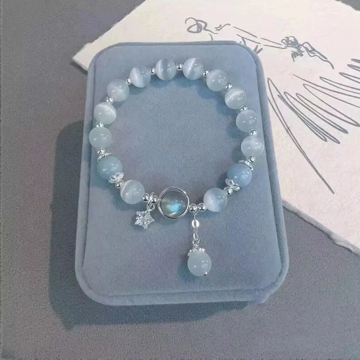 Dreamy Blue Moonstone Cat Eye Pendant Crystal Bead Bracelet