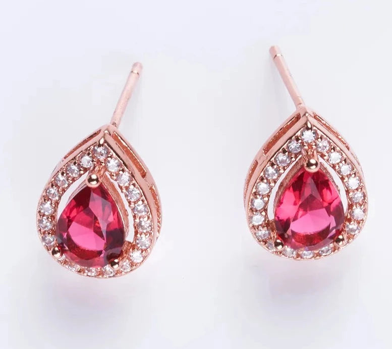 Rose Gold Color Ruby Red Water Drop Stud EarringsEarrings