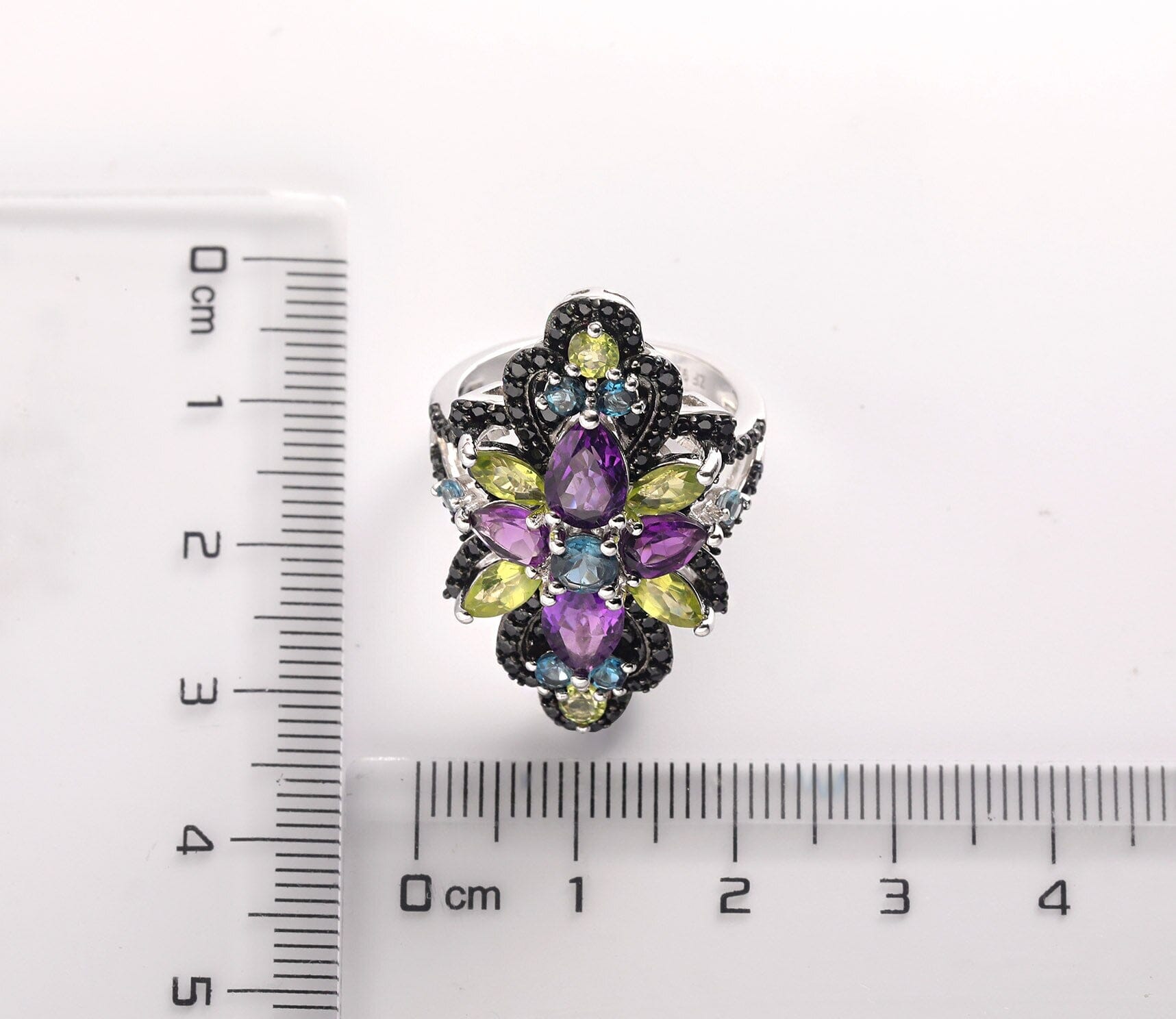 Blue Topaz, Black Spinel, Peridot & Amethyst 925 Sterling Silver RingRing